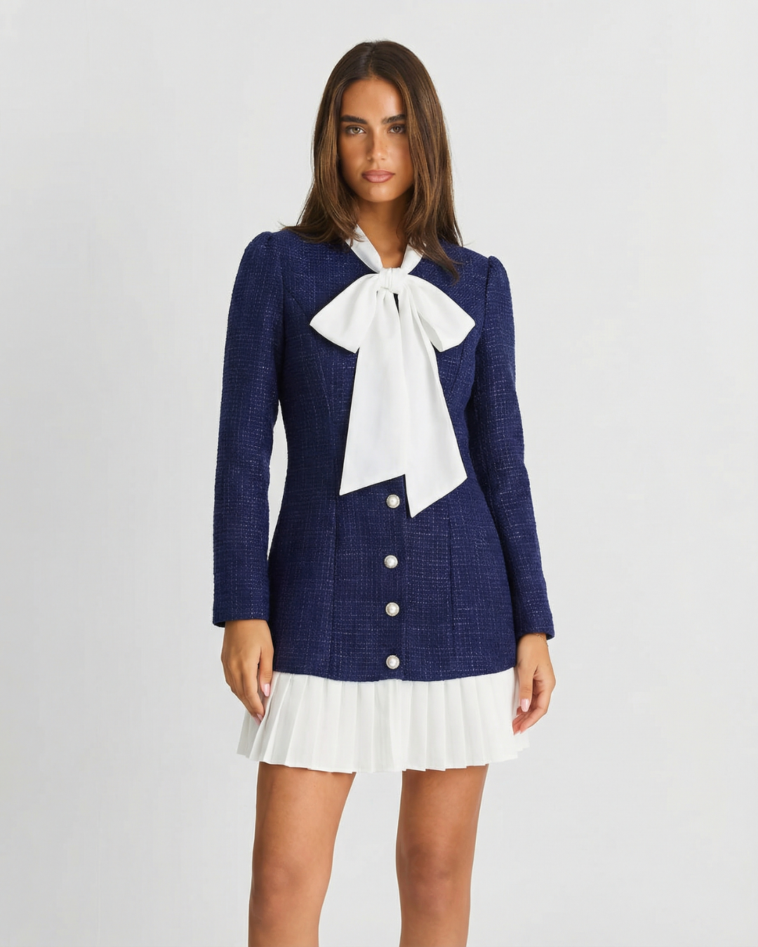 Bow Collar Mini Dress with Pleated Skirt for Women