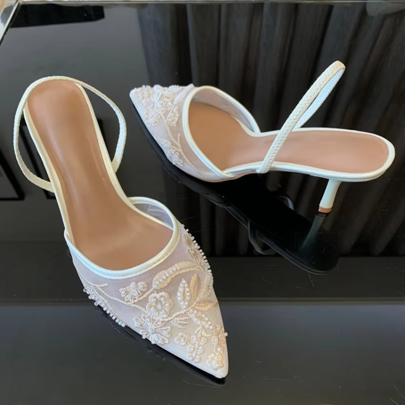 Embroidered Mesh Kitten Heel Slingbacks with Pointed Toe for Women