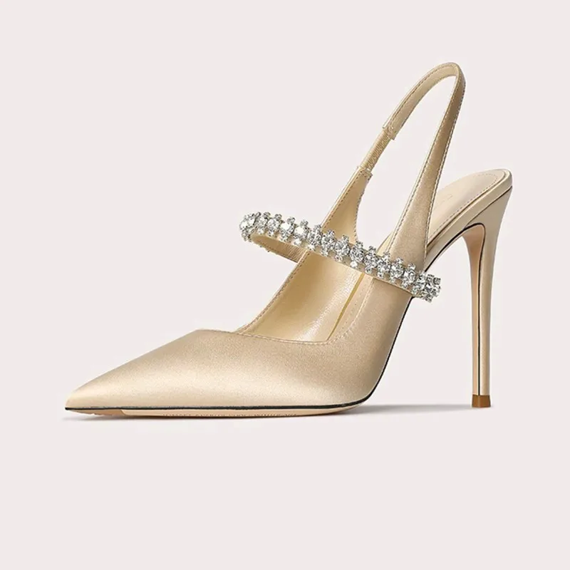 Satin Slingback Heels with Pointed Toe and Crystal Strap for Women