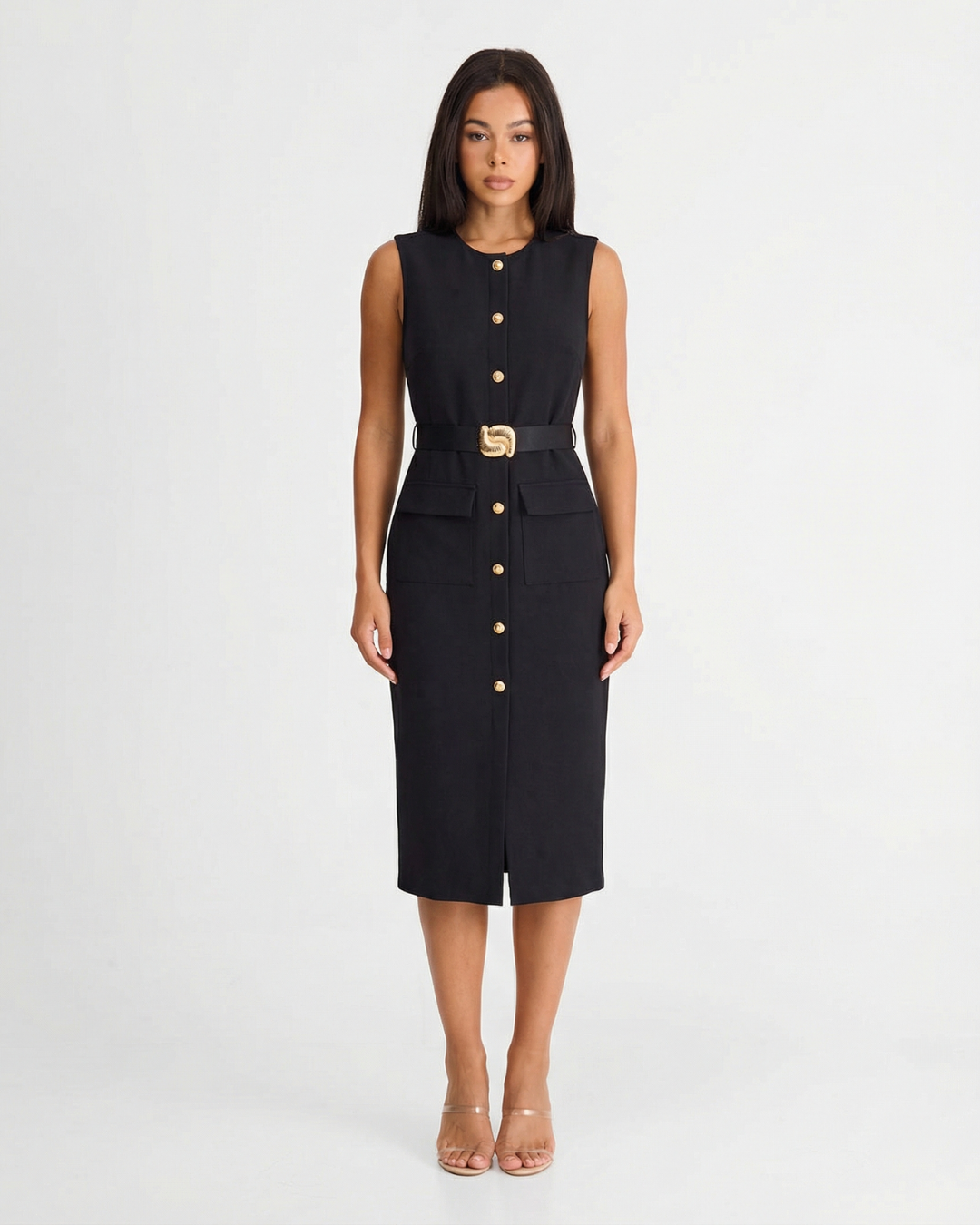 Button Down Midi Dress with Waist Belt for Women