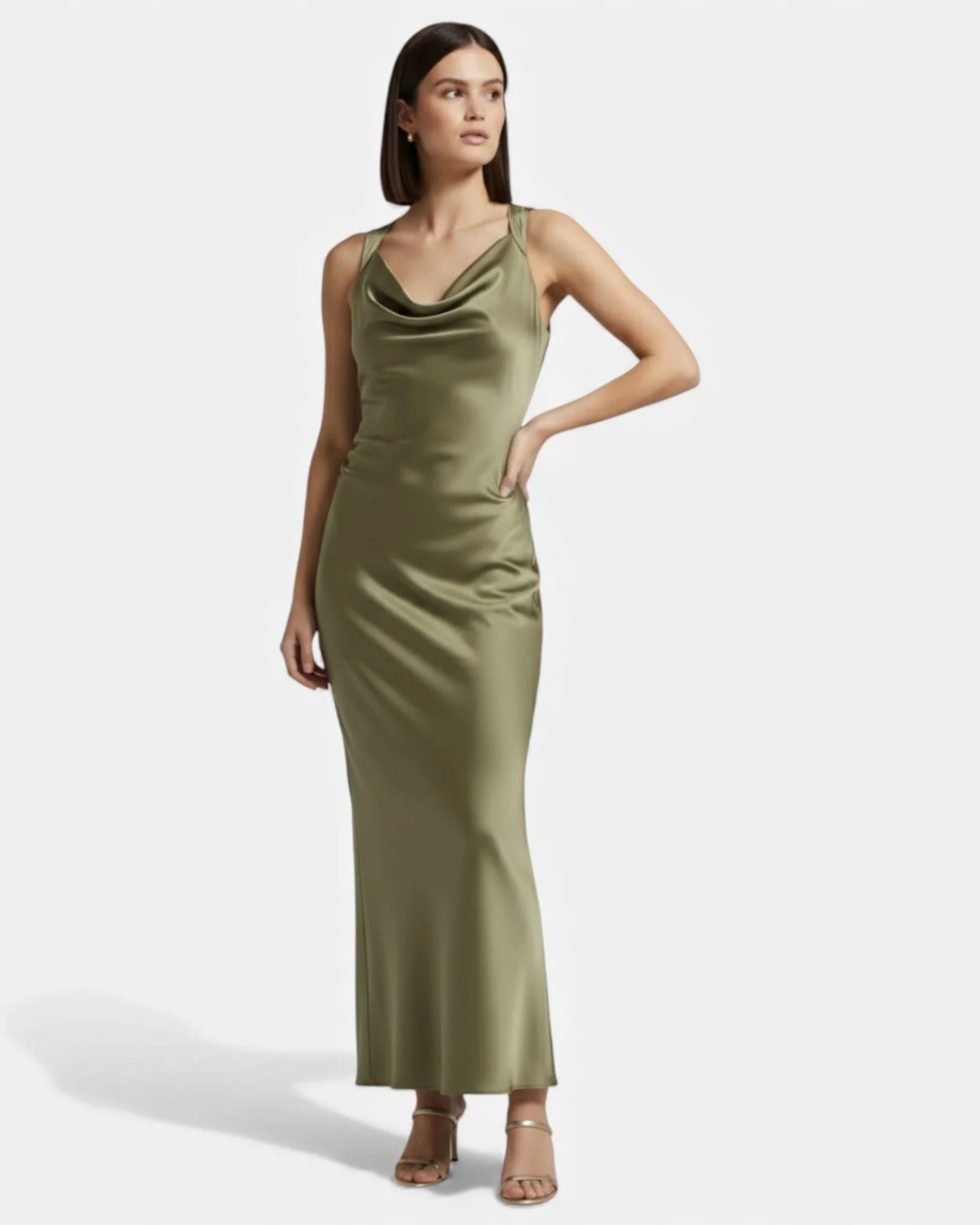 Satin Maxi Slip Dress with Drape Neckline for Women