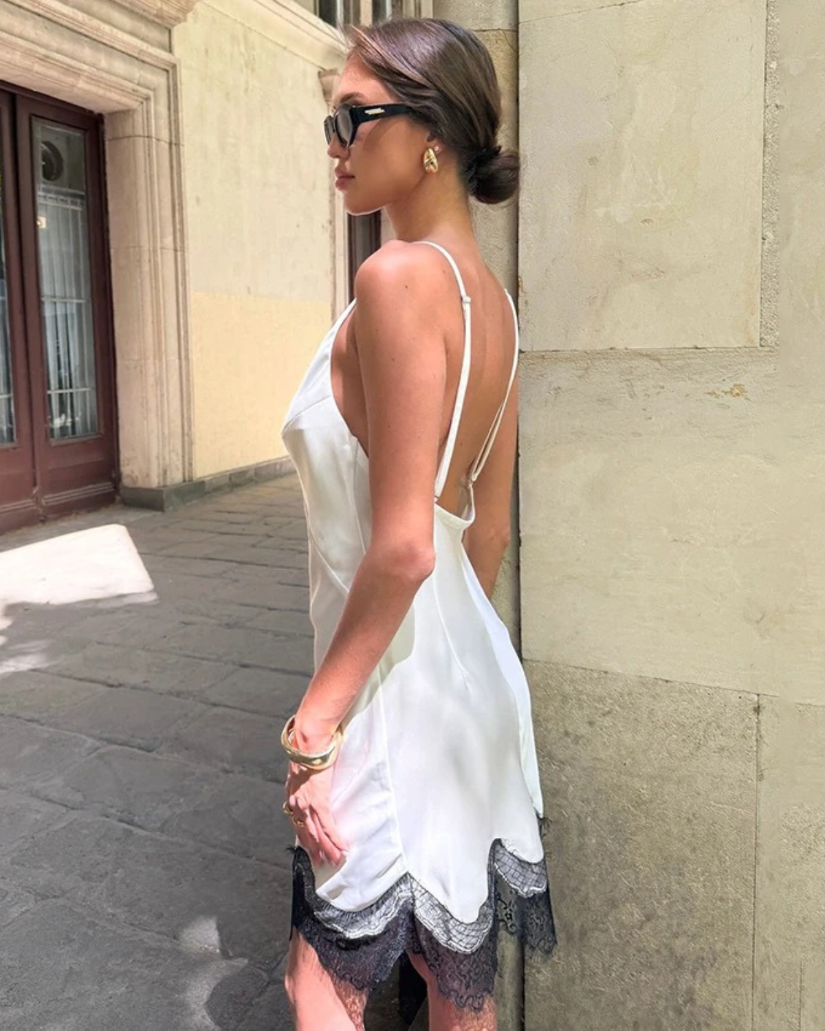 Backless Satin Summer Dress with Lace Trim for Women