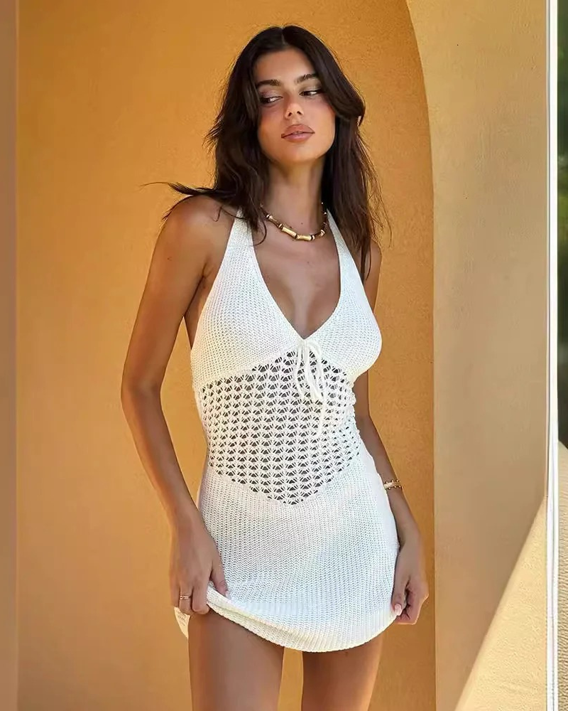 Crochet Halter Neck Mini Dress for Women