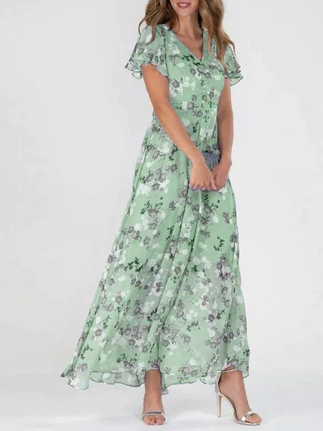 Floral V-Neck Wrap Maxi Wedding Guest Dress for Women