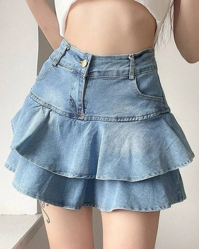 High Waisted Ruffle Denim Skirt for Women