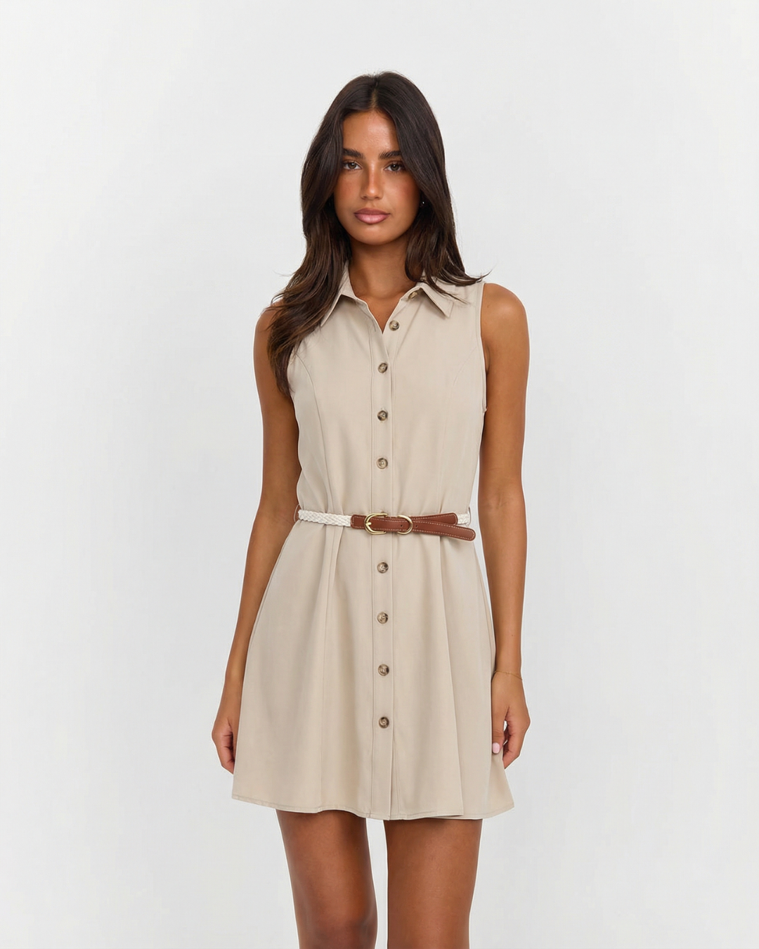 Sleeveless Button Front Mini Shirt Dress for Women