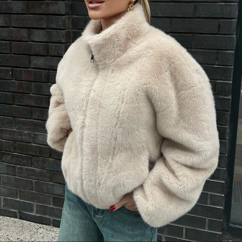 Faux Fur High Neck Zip Up Jacket for Women