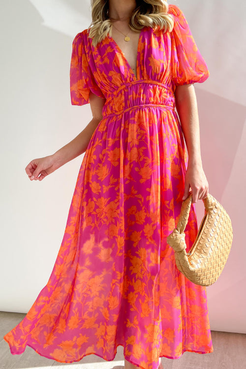 Wrap V-Neck Puff Sleeve Wedding Guest Maxi Dress for Women
