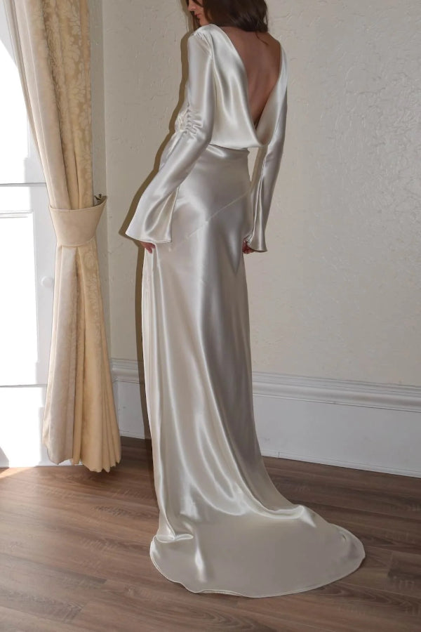 Satin Maxi Dress with Flared Sleeves for Women