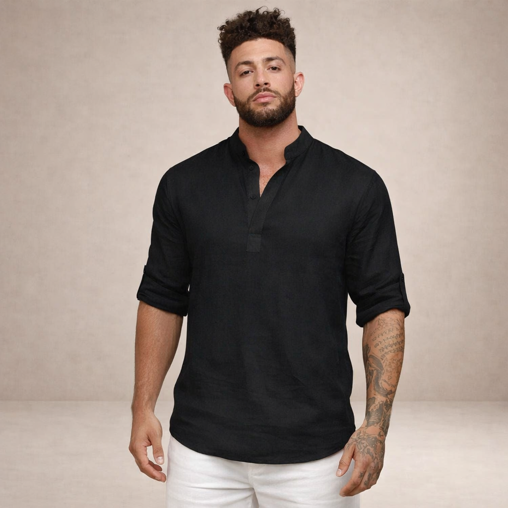 Linen Stand Collar Long Sleeve Shirt for Men