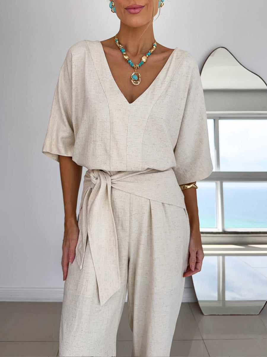 Linen Wide Leg Belted Jumpsuit for Women