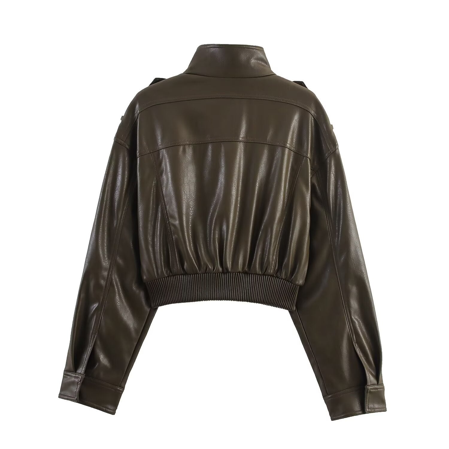 Cropped Faux Leather Bomber Jacket for Women