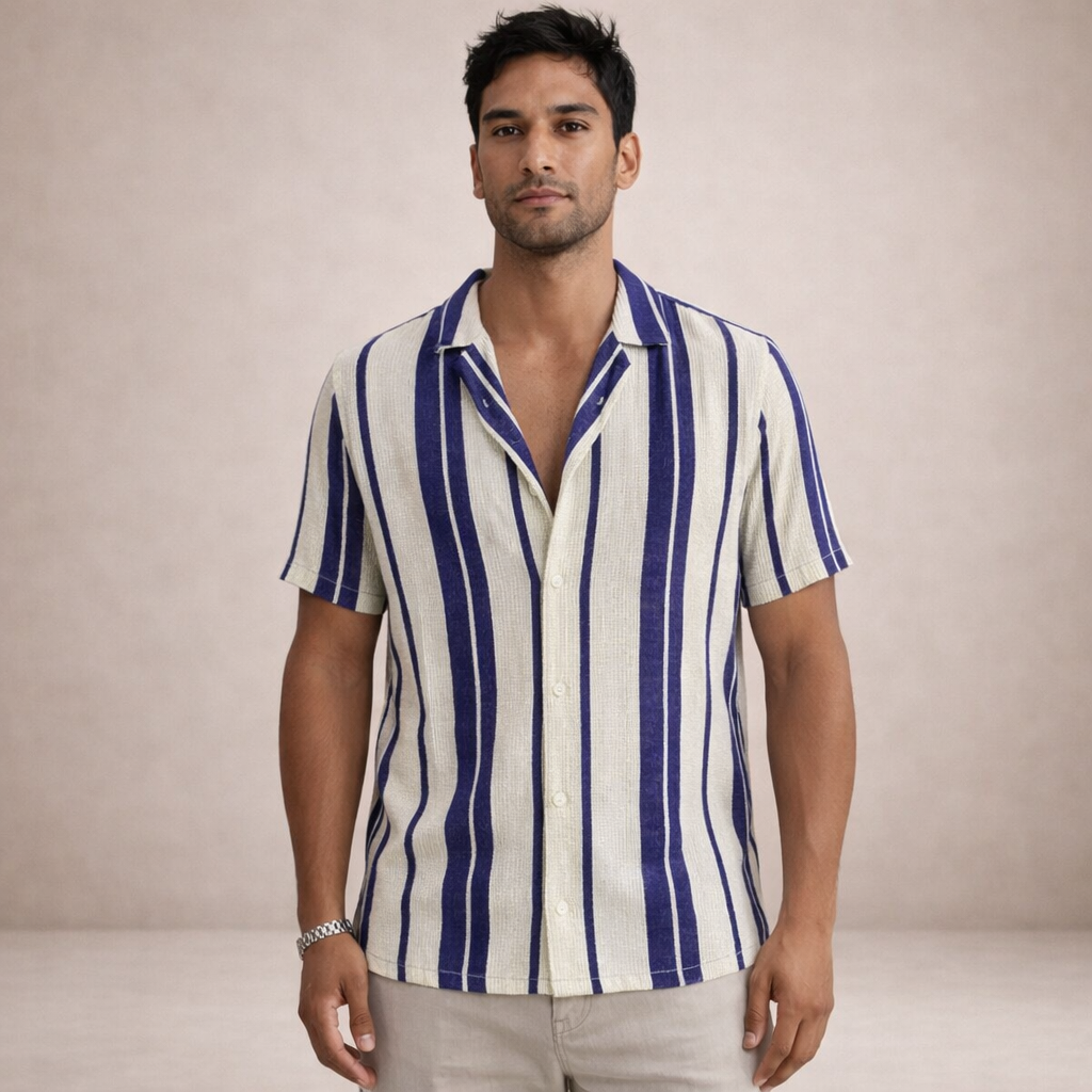 Striped Linen Short Sleeve Shirt for Men