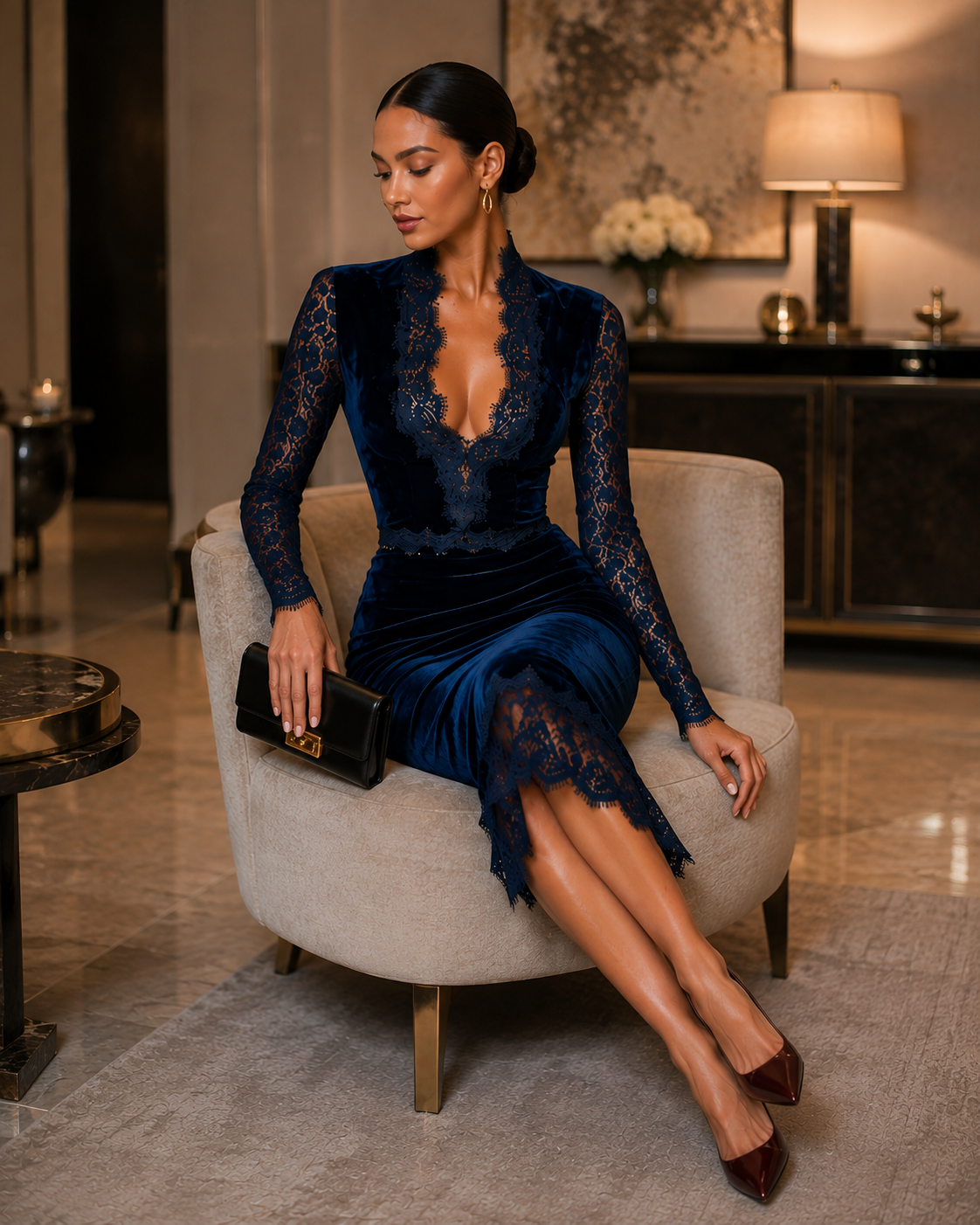 Velvet Slim Fit Midi Dress with V-Neck and Long Lace Sleeves for Women