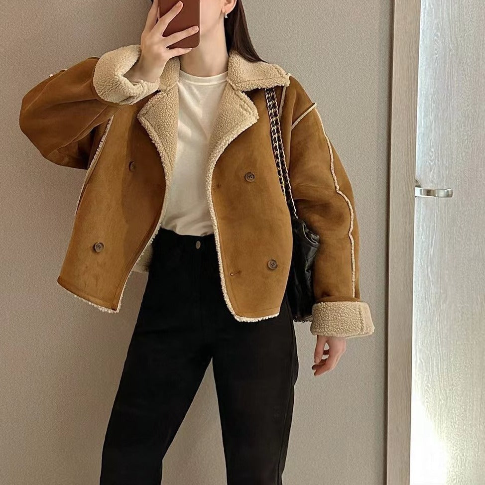 Suede Jacket with Sherpa Lining for Women