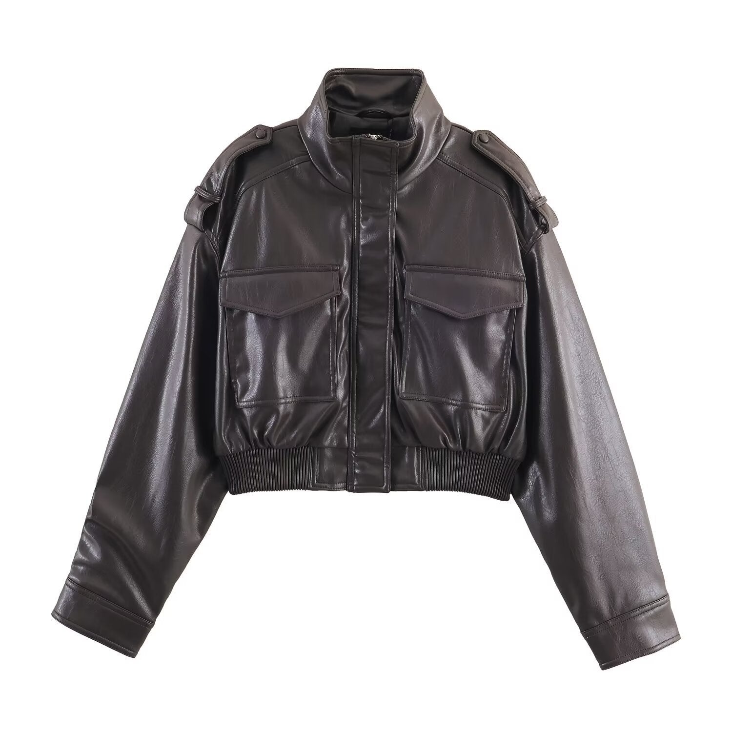 Cropped Faux Leather Bomber Jacket for Women