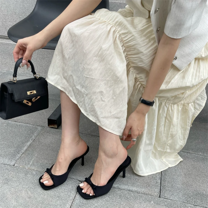 Satin Slide Sandals with Bow-Tie for Women