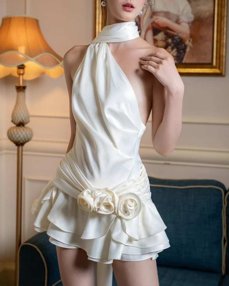 One Shoulder Satin Mini Dress with Ruffle Hem for Women