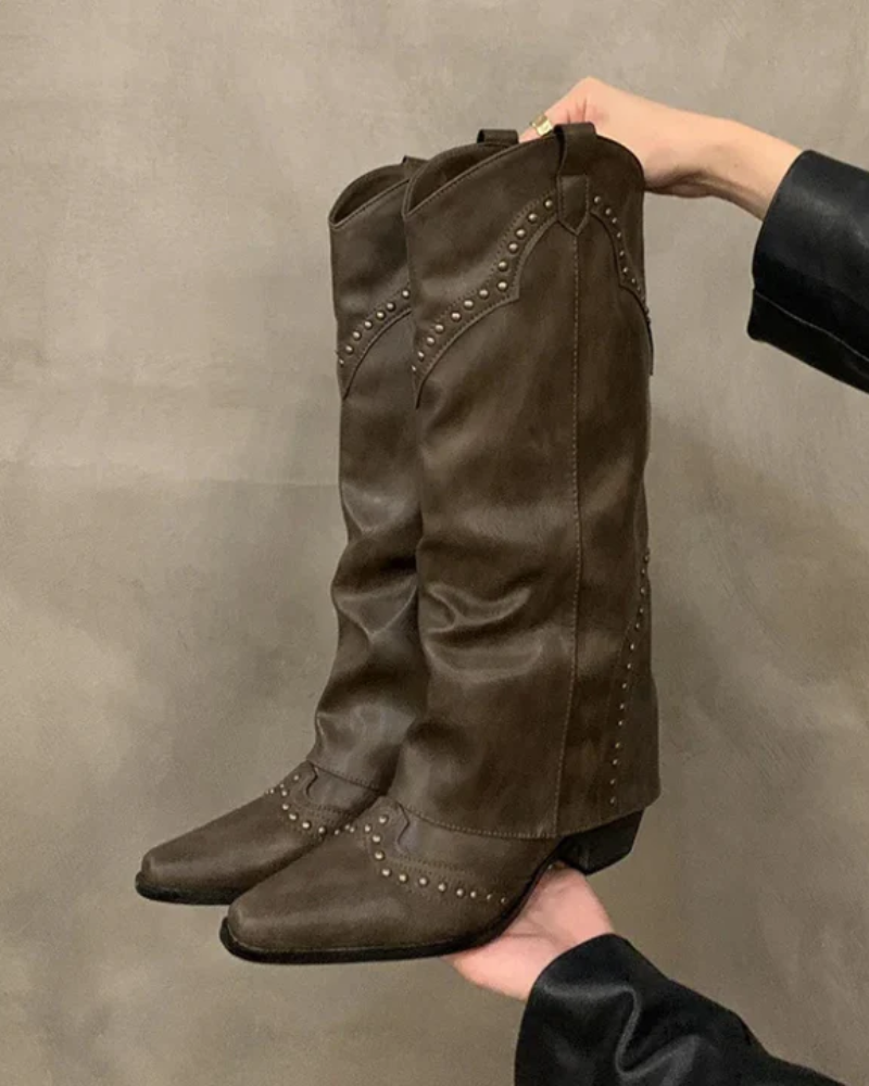 Faux Leather Studded Cowboy Boots for Women