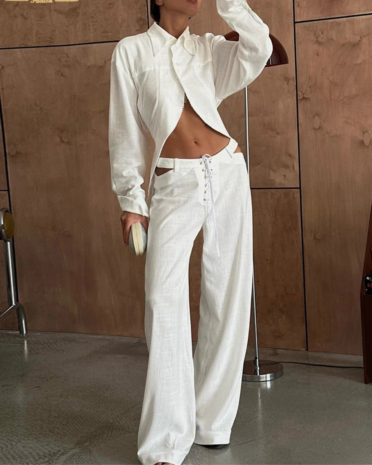 Linen Set with Long Sleeve Shirt and Wide Leg Pants for Women