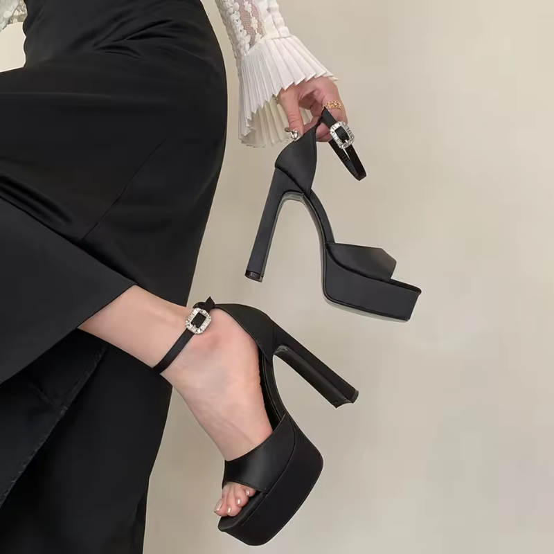 Satin Platform Heels with Ankle Strap for Women
