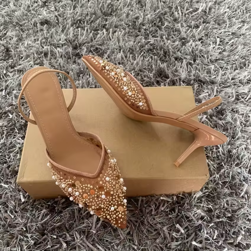 Slingback Heels with Pointed Toe and Embellishments for Women
