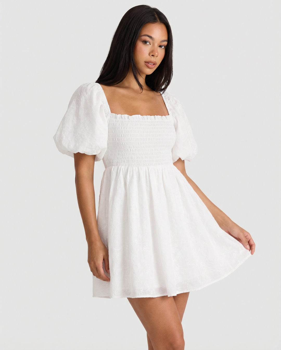 Smocked Mini Dress with Puff Sleeves for Women