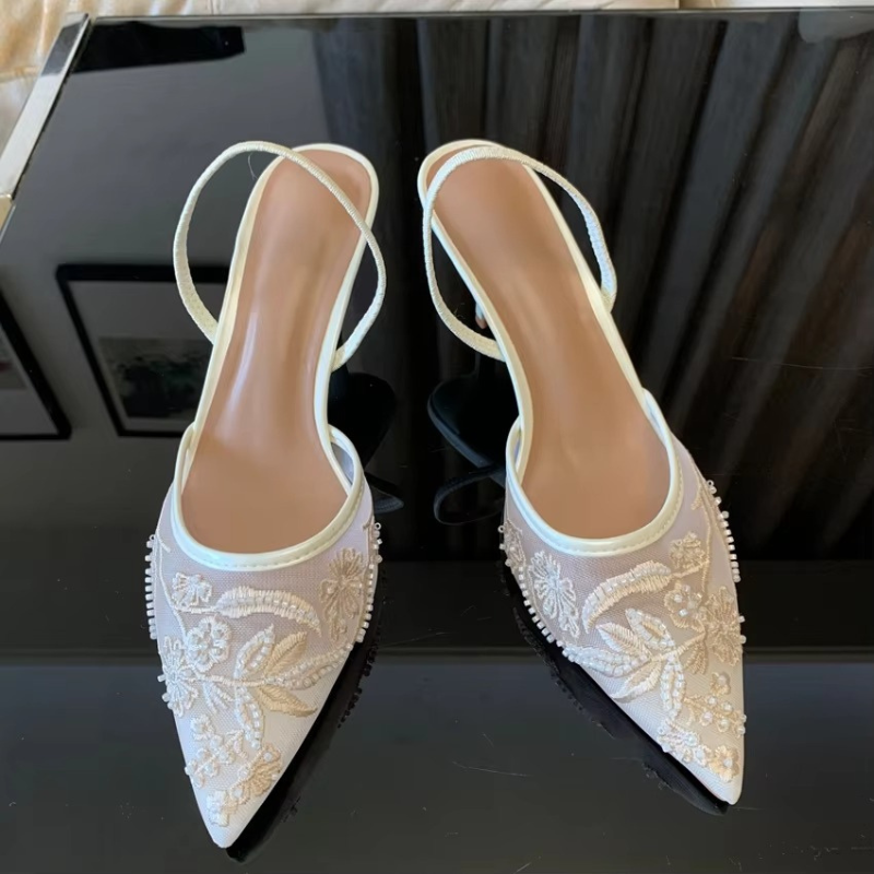 Embroidered Mesh Kitten Heel Slingbacks with Pointed Toe for Women
