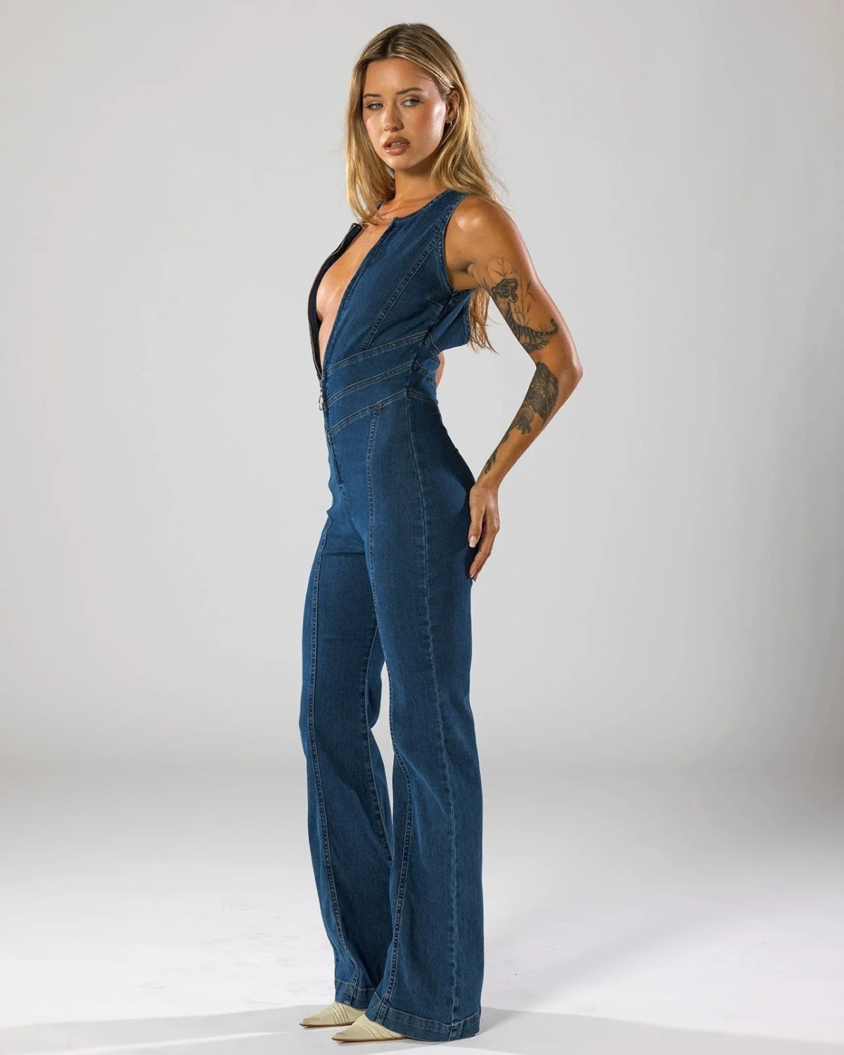 Denim Flared Jumpsuit with Front Zip for Women