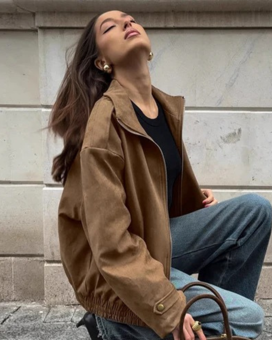 Suede Bomber Jacket with Zipper and Elasticated Hem for Women