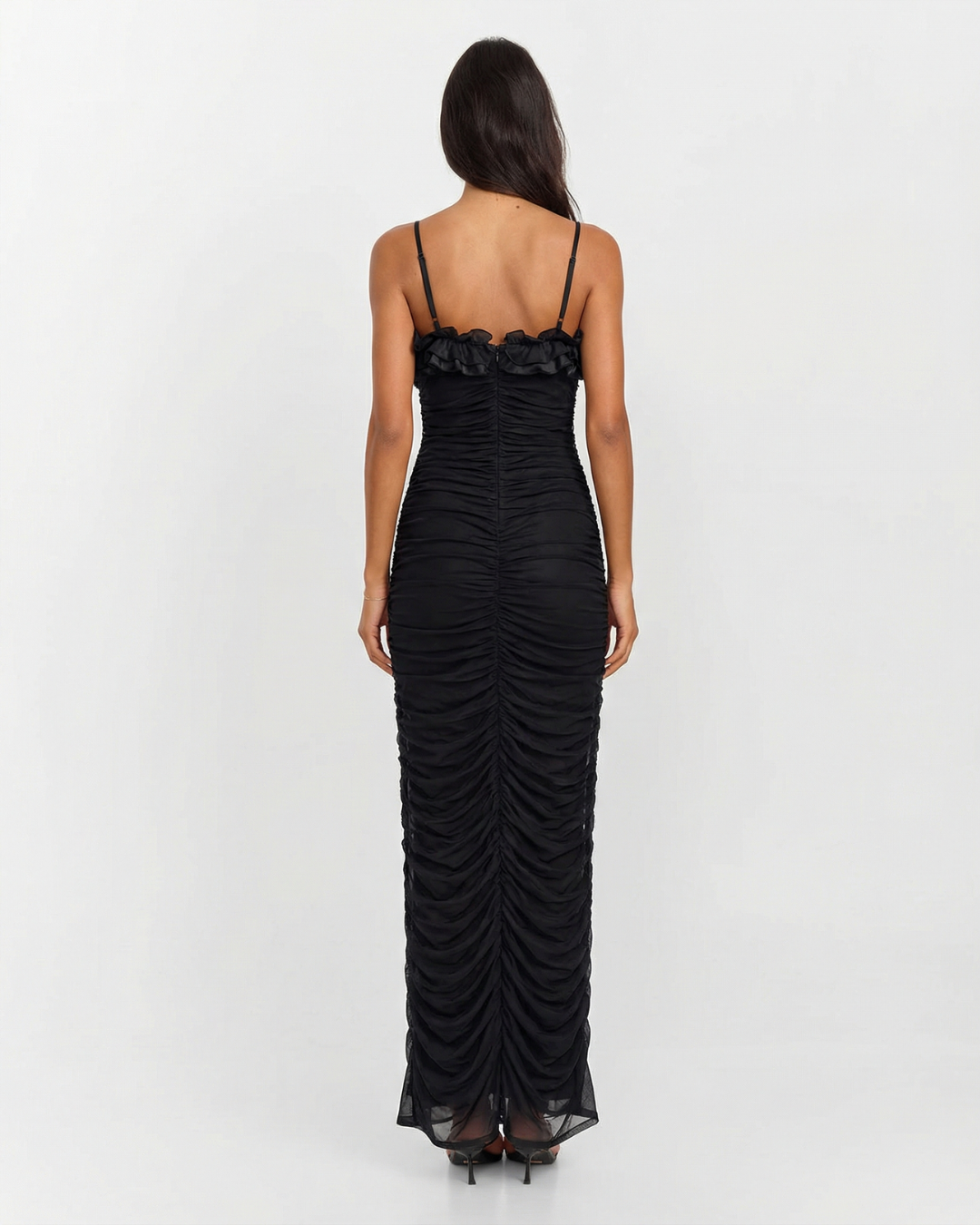 Ruched Maxi Dress with Ruffled Neckline for Women