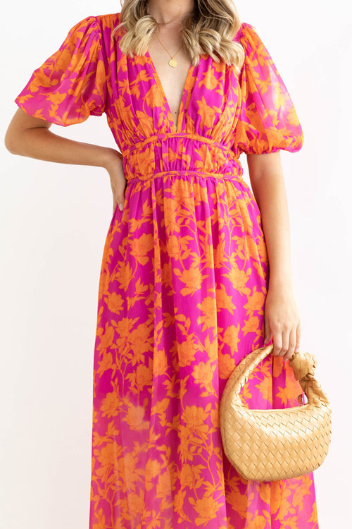 Wrap V-Neck Puff Sleeve Wedding Guest Maxi Dress for Women