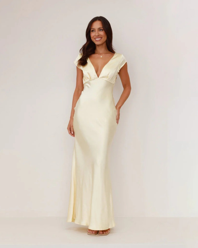 V-Neck Satin Cap Sleeve Maxi Dress for Women