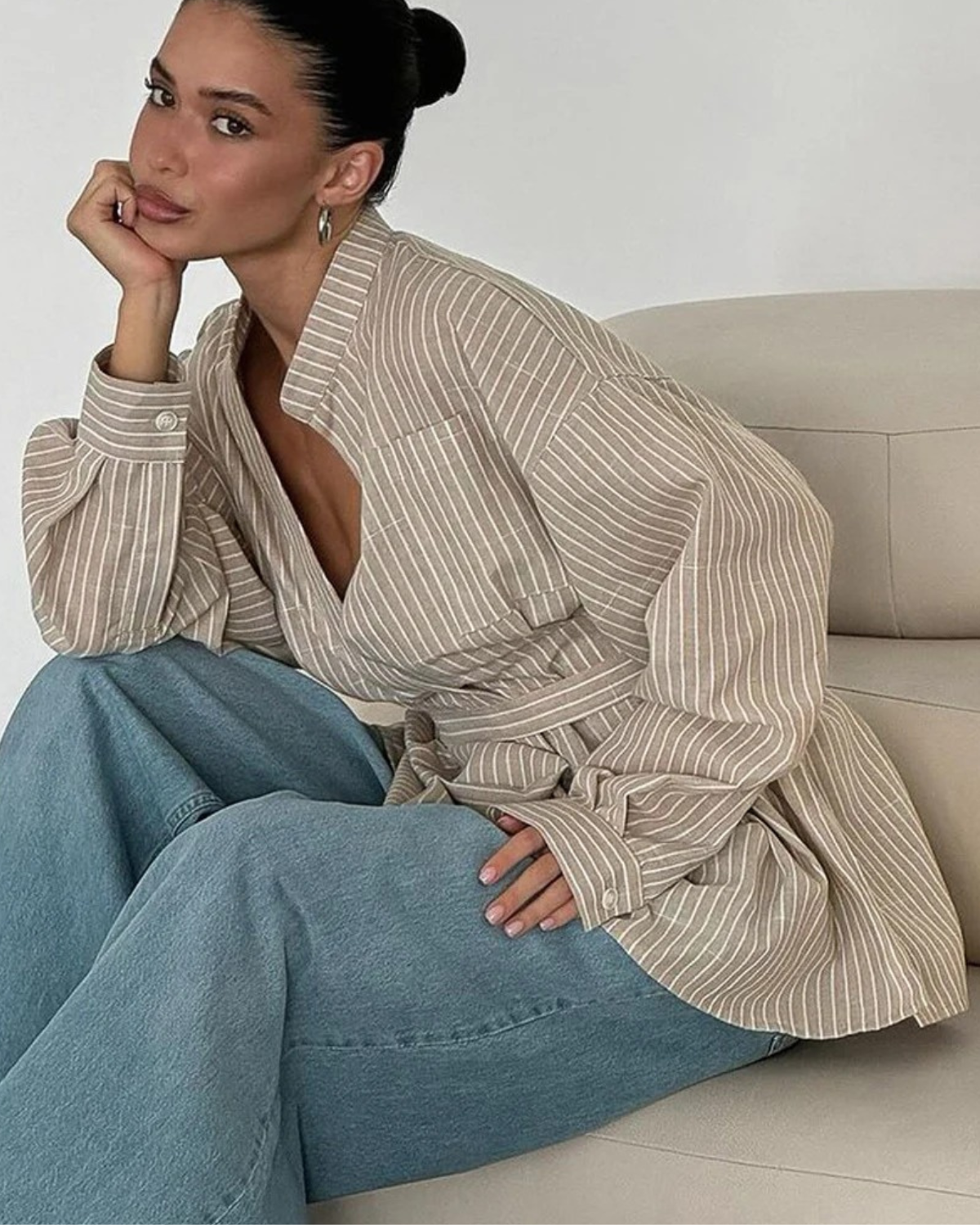 Oversized Striped V-Neck Long Sleeve Shirt for Women