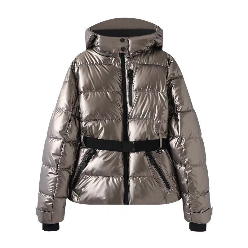 Hooded Puffer Jacket with Belt for Women