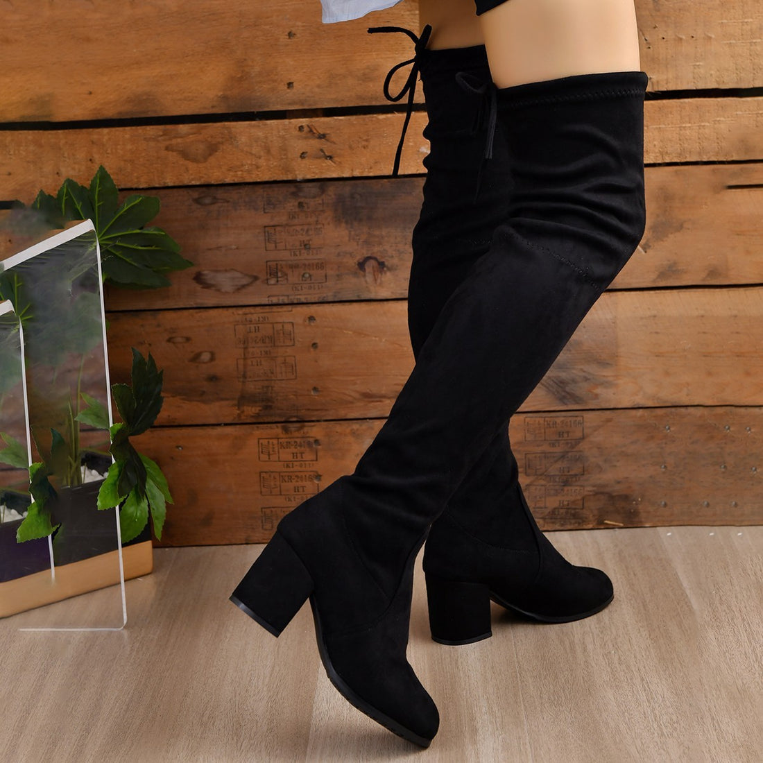 Suede Thigh-High Slouchy Boots with Block Heel for Women
