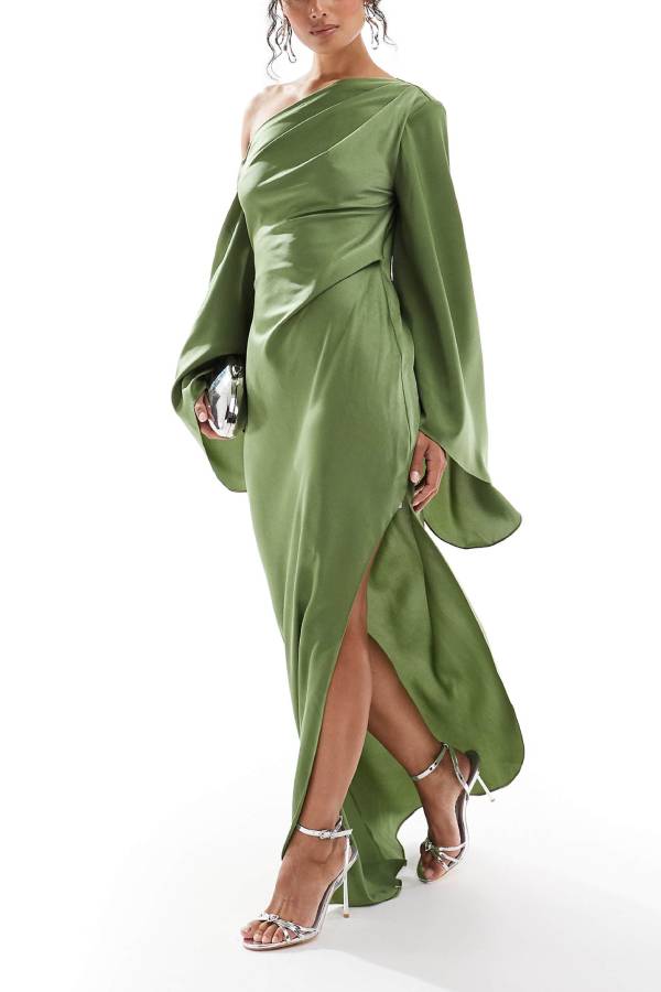 Satin One Shoulder Maxi Dress with Bell Sleeves for Women