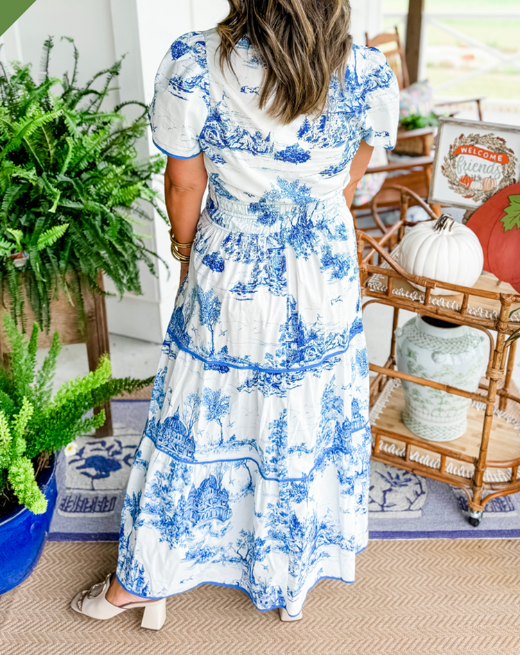 Toile Print Short Sleeve Wedding Guest Maxi Dress for Women
