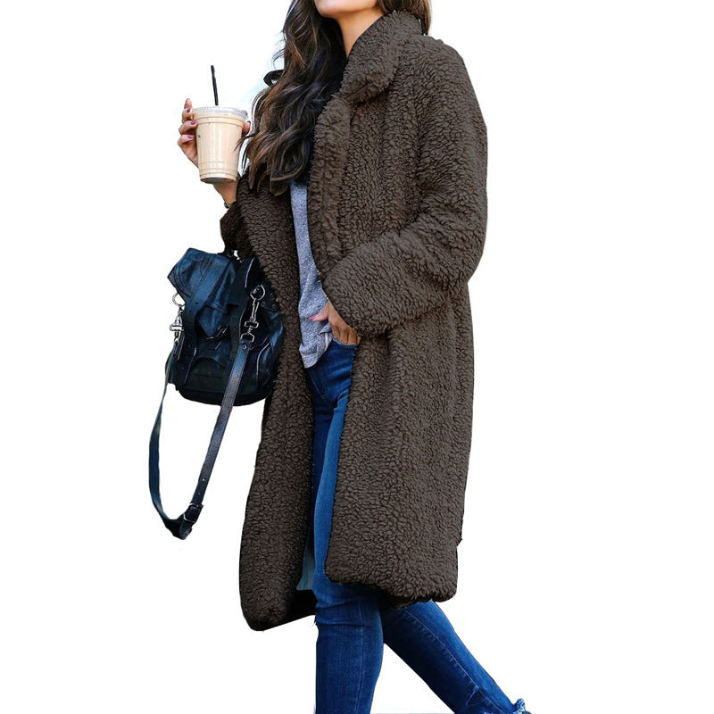 Long Open Front Collared Teddy Coat for Women