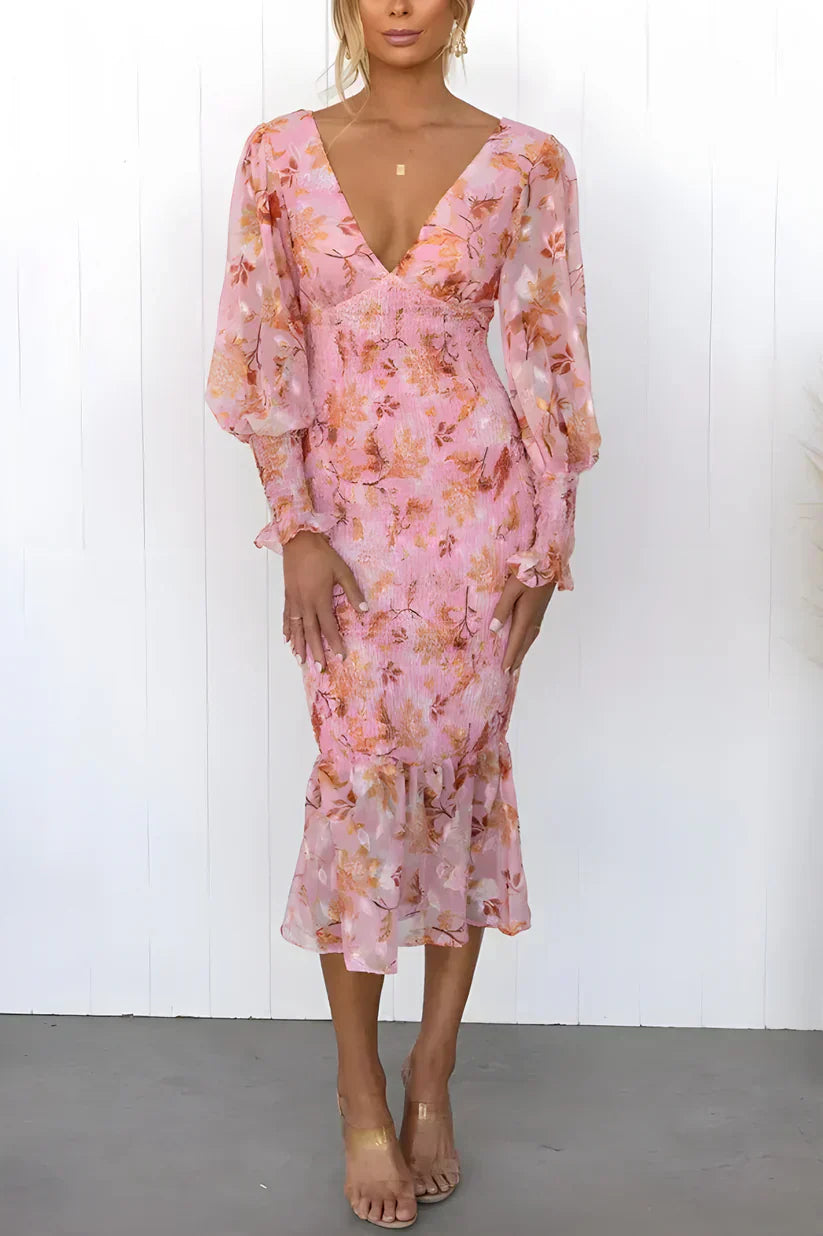 Floral Wrap V-Neck Midi Dress Wedding Guest for Women