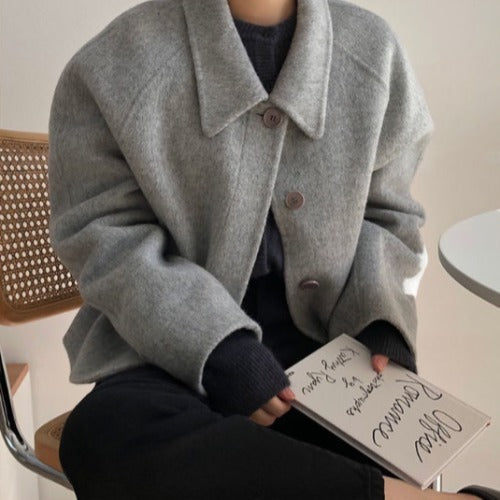 Oversized Woolen Jacket with Collar for Women