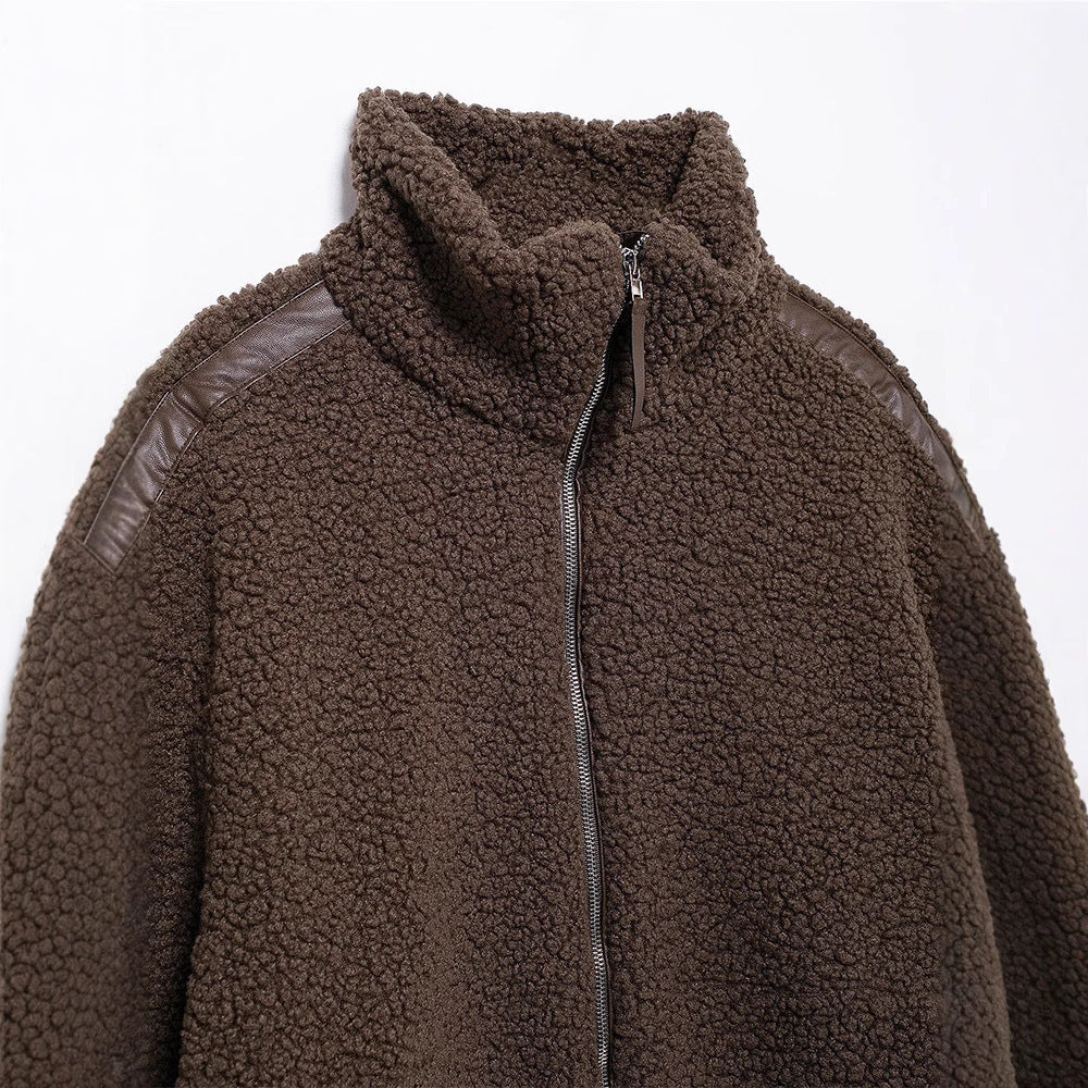 Teddy Zip Up Jacket with Stripe Detail for Women