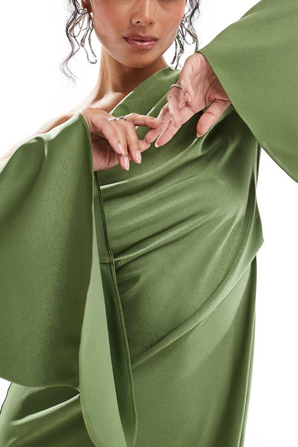 Satin One Shoulder Maxi Dress with Bell Sleeves for Women