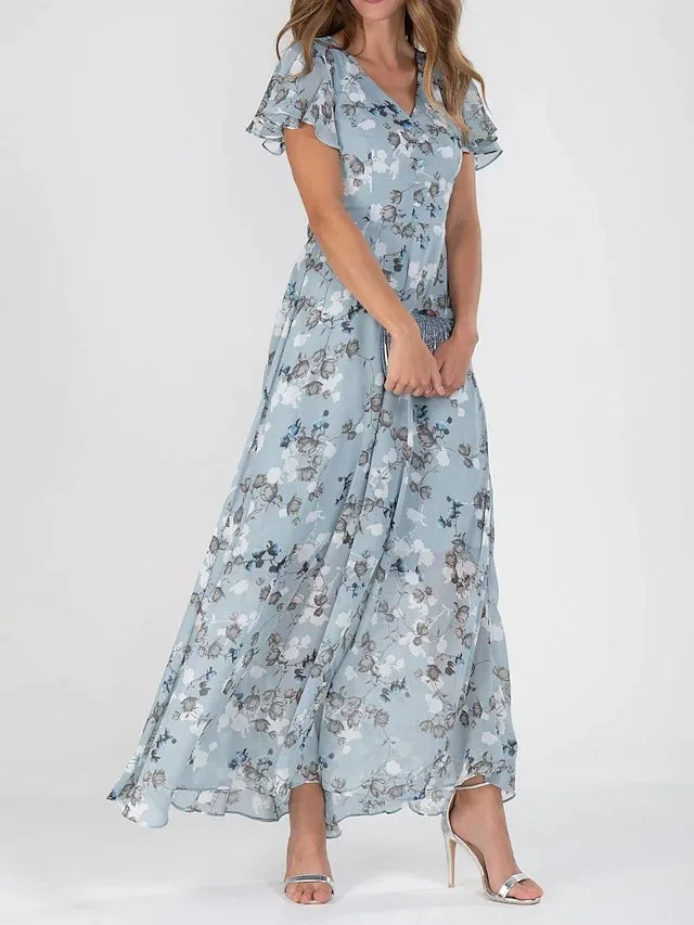 Floral V-Neck Wrap Maxi Wedding Guest Dress for Women
