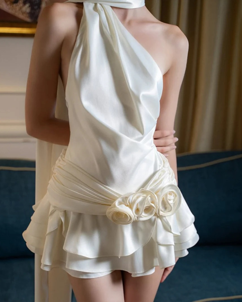 One Shoulder Satin Mini Dress with Ruffle Hem for Women