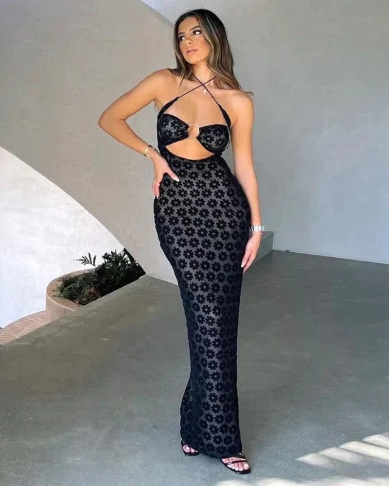 Backless Floral Mesh Maxi Dress for Women