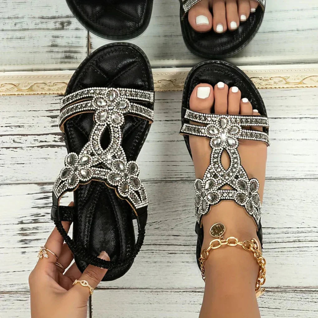Open Toe Flat Sandals with Beaded Straps for Women