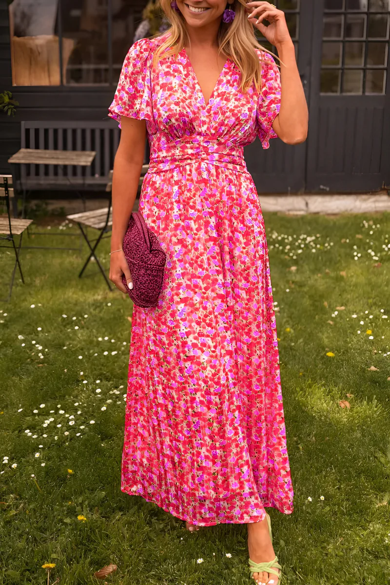 Floral V-Neck Wedding Guest Maxi Dress for Women