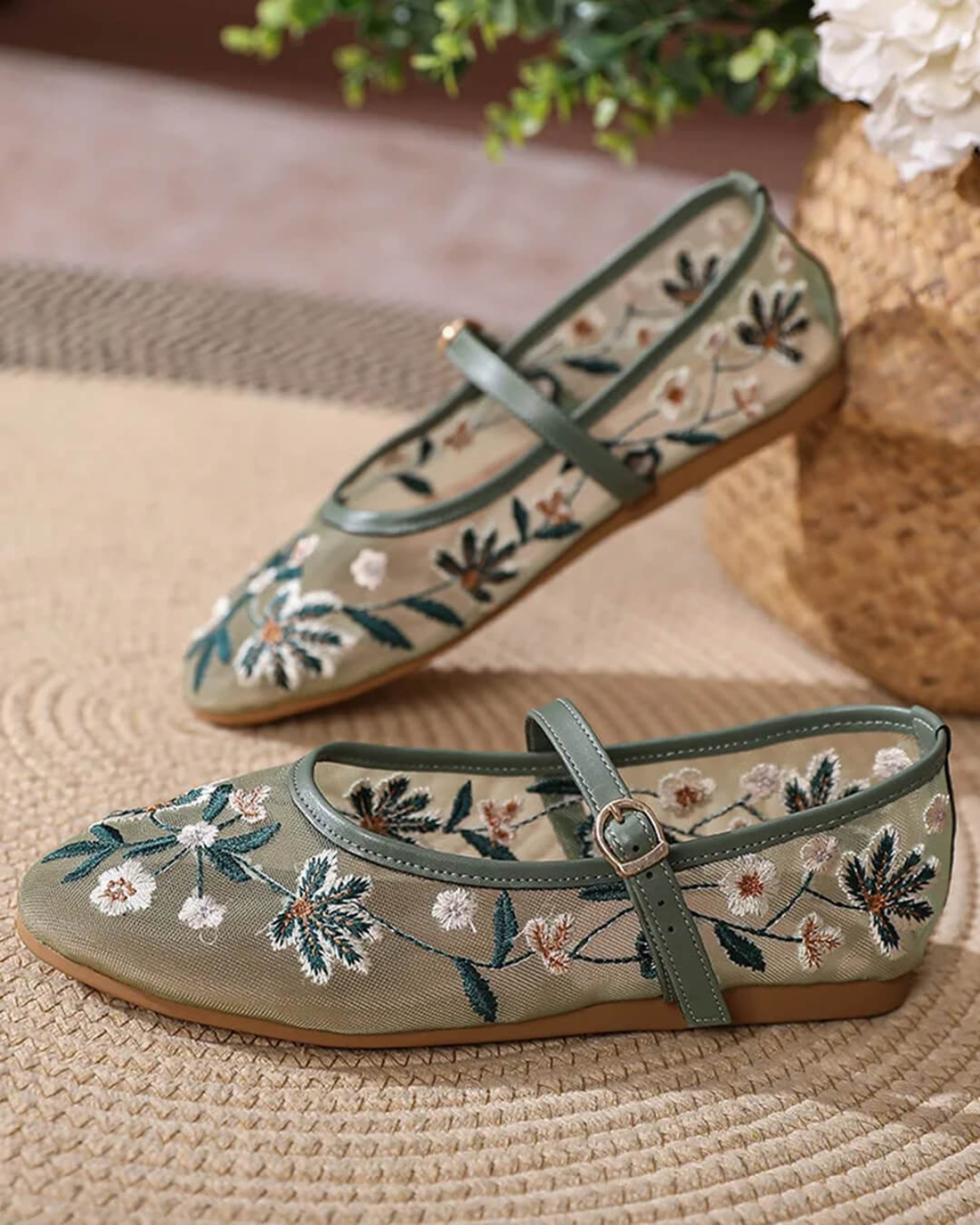 Ballet Flats with Floral Embroidery for Women