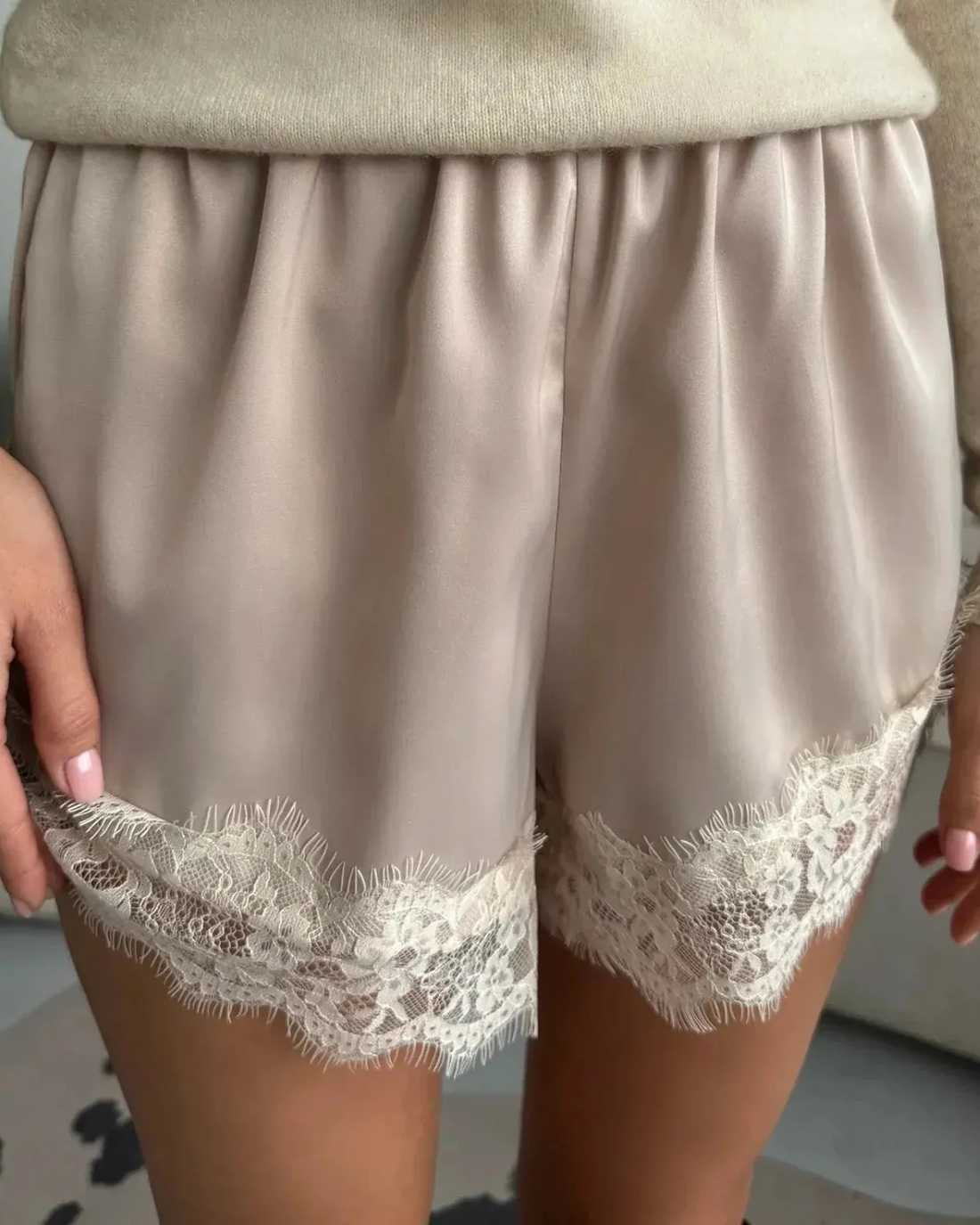 Satin Shorts with Scalloped Lace Hem for Women